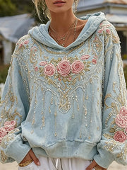 Damen nobles Boho Pink Roses Print Gemütliches Sweatshirt