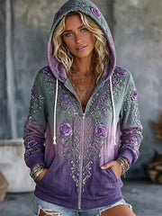 Damen Vintage Boho Blumen druck Steigung mit Reiß verschluss bequemer Kapuzen pullover