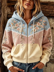 Damen Boho Floral und Spitze Patchwork Print Zip-Up Gemütlicher Hoodie