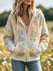 Damen Vintage Boho Blumen-und Spitzen-Patchwork-Print mit Reiß verschluss Gemütlicher Hoodie