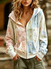 Damen Vintage Blumen-und Spitzen-Patchwork-Druck mit Reiß verschluss
