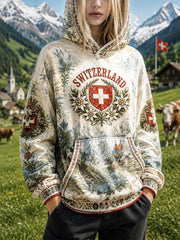 Damen-Sweatshirt mit Schweizer Flagge Kreuz mit Blumen druck lässig mit Kapuze