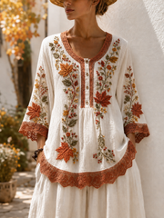 Damen Herbst Vintage Knopfdruck eine Linie Leinen hemd