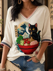 Damen-T-Shirt aus Leinen mit japanischer Katzen-Ramen-Kunst-Print