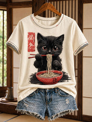 Damen-T-Shirt aus Leinen mit japanischer Katzen-Ramen-Kunst-Print