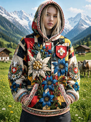 Damen-Sweatshirt mit Schweizer Flagge, Blumen-Patchwork-Print, lässig mit Kapuze