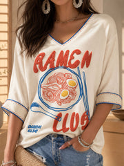 Damen japanische Ramen Kunst bedruckte Leinen T-Shirt