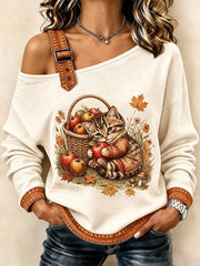 Damenmode Herbst Katze Kunst Muster Bedrucktes Sweatshirt