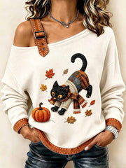 Damenmode Herbst Sweatshirt mit Katzenkunstmuster
