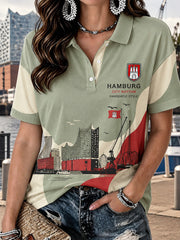 Damen-Poloshirt mit kurzen Ärmeln und grafischem Städte-Souvenir-Print