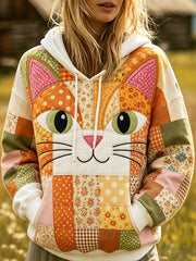 Kuscheliger Damen-Hoodie mit niedlichem Katzen-Gesicht und Patchwork-Print