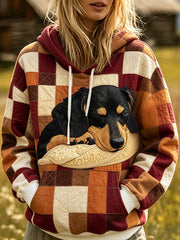 Kuscheliger Damen-Kapuzenpullover mit niedlichem Dackel-Patchwork-Print