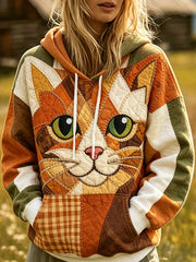 Gemütlicher Hoodie mit Niedlichem Katzen gesicht für Damen-Patchwork-Print