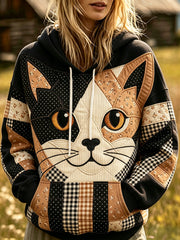 Kuscheliger Damen-Hoodie mit niedlichem Katzen-Gesicht und Patchwork-Print