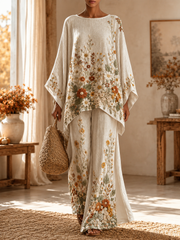 Damen Herbst Classy Kunstdruck Flowy Leinen Set