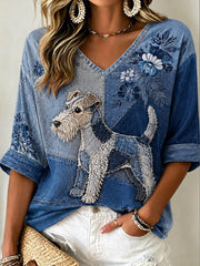 Frauen Wire Fox Terrier Mittellänge Ärmel V-Ausschnitt T-Shirt