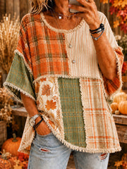 Damen herbst Thanksgiving Plaid Maple Leaves bedrucktes lässiges Oberteil