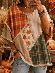 Damen-Herbst-Thanksgiving-Plaid-Laufblätter-bedrucktes Freizeit-Oberteil
