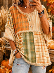Frauen Herbst Thanksgiving Plaid Blumen gedruckt Casual Top