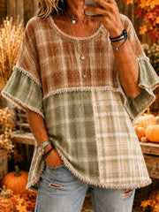 Damen Herbst Thanksgiving Plaids gedruckt Casual Top