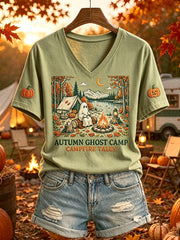 Frauen-Halloween-Geist-Camping-Print-T-Shirt mit kurzen Ärmeln