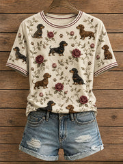 Damen-T-Shirt mit Blumenmuster und Dackelmotiv