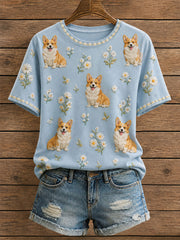 Damen-T-Shirt mit Blumenmuster und Corgi