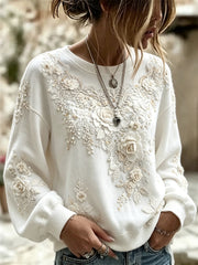 Damen-Sweatshirt mit Blumen-Kunst-Druck Boho weiße Rosen