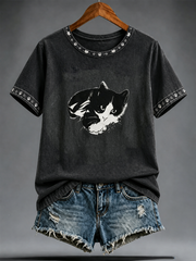 Damen-T-Shirt mit niedlichem Katzen-Print und kurzen Ärmeln