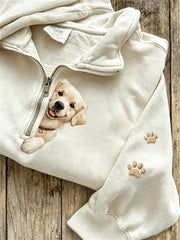 Damen-Sweatshirt mit süßem kleinen Hunde muster bedruckt, mit halbem Reiß verschluss