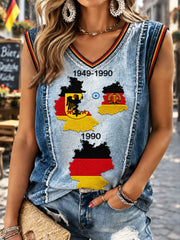 Frauen Deutscher Tag der Wiedervereinigung Denim Patchwork Print lässig V-Ausschnitt Weste Top