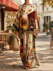 Damen Herbst Edles Spitzen-Blumen kunstdruck Flowy Leinen-Set