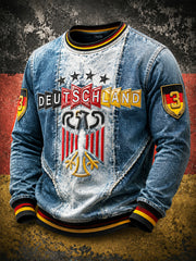 Herren Retro Deutsches Jeans-Patchwork-Print Lässiges T-Shirt mit langen Ärmeln