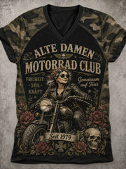 Damen-T-Shirt im Vintage-Stil mit gewaschener Optik, Slogan-Print, V-Ausschnitt und Raglan-Kurzärmeln