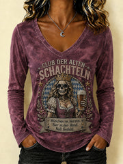 Frauen-Funny-Oktoberfest-Print T-Shirt mit V-Ausschnitt und langen Ärmeln