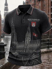 Herren-Poloshirt mit städtischem Grafik-Design, kurzärmelig und aus Waffelstrick