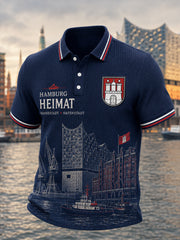 Herren-Poloshirt mit städtischem Grafik-Design, kurzärmelig und aus Waffelstrick
