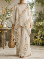 Damen-Set aus fließendem Leinen mit klassischem Spitzen- und Blumen-Art-Print für den Herbst