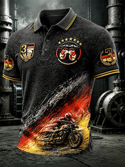 Herren-Poloshirt in Schwarz mit Motorrad-Print zum deutschen Nationalfeiertag, lässiger Stil