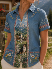 Damen-Hemd im österreichischen Landhausstil, Kunstdruck, lässig, Kurzarm