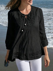 Damen-Boho-Lace-Patchwork-Tunika aus fließendem Leinen mit Bindebändern