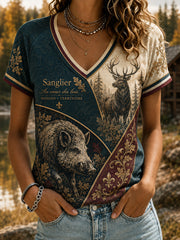 Französische Jagdsaison – Damen-T-Shirt mit V-Ausschnitt, schulterfrei und kurzen Ärmeln
