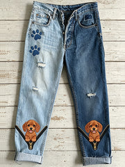 Damen Tier Hund Reiß verschluss Kunstdruck Jeans