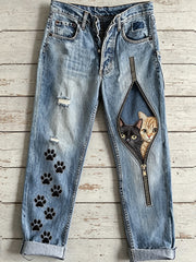Damen Tier Katze Reiß verschluss Kunstdruck Jeans