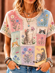 Katzen-Patch-Print-Kurzarm-T-Shirt