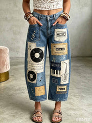 Damen Vintage Musik Note Kunst Muster bedruckte Hosen