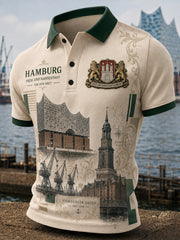 Herren-Poloshirt mit kurzen Ärmeln und Vintage-Print im Stil eines Städte-Souvenirs