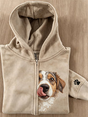 Frauen Peeking Fuzzy Dog & Paw Print Full Zip Hoodie