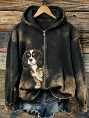 Frauen Peeking King Charles Dog & Paw Print mit vollem Reiß verschluss Hoodie