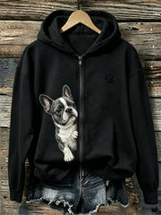 Damen Peeking französische Bulldogge & Paw Print Full Zip Hoodie